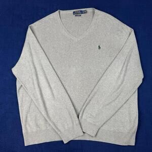 Polo Ralph Lauren Pima Cotton V-Neck Sweater Gray Men Size XL Preppy Green Pony